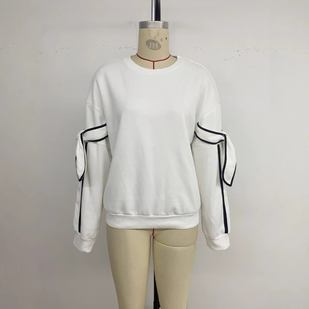 Women Casual Layering Striped Bow Long Sleeve Loose Sweatshirt Fall Crewneck